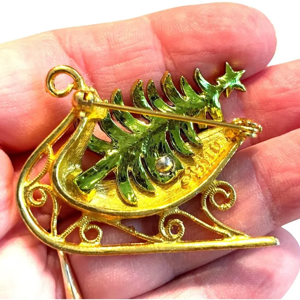 Vintage Christmas brooch sleigh gold with green tree & red ornaments signed MYLU